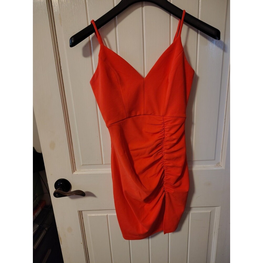 Honey and Rosie Orange Ruched Bodycon Mini Dress V-Neck Sleeveless Women's S